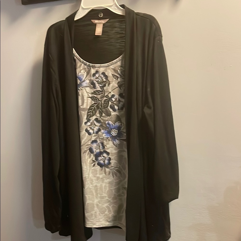 White Stag Black Cardigan with Floral Tank Top
